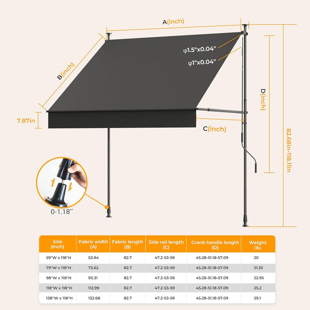 Manual Retractable Awning, 79" W x 118" H Retractable Side Bar 47-59", Outdoor Patio Awnings Height Adjustable