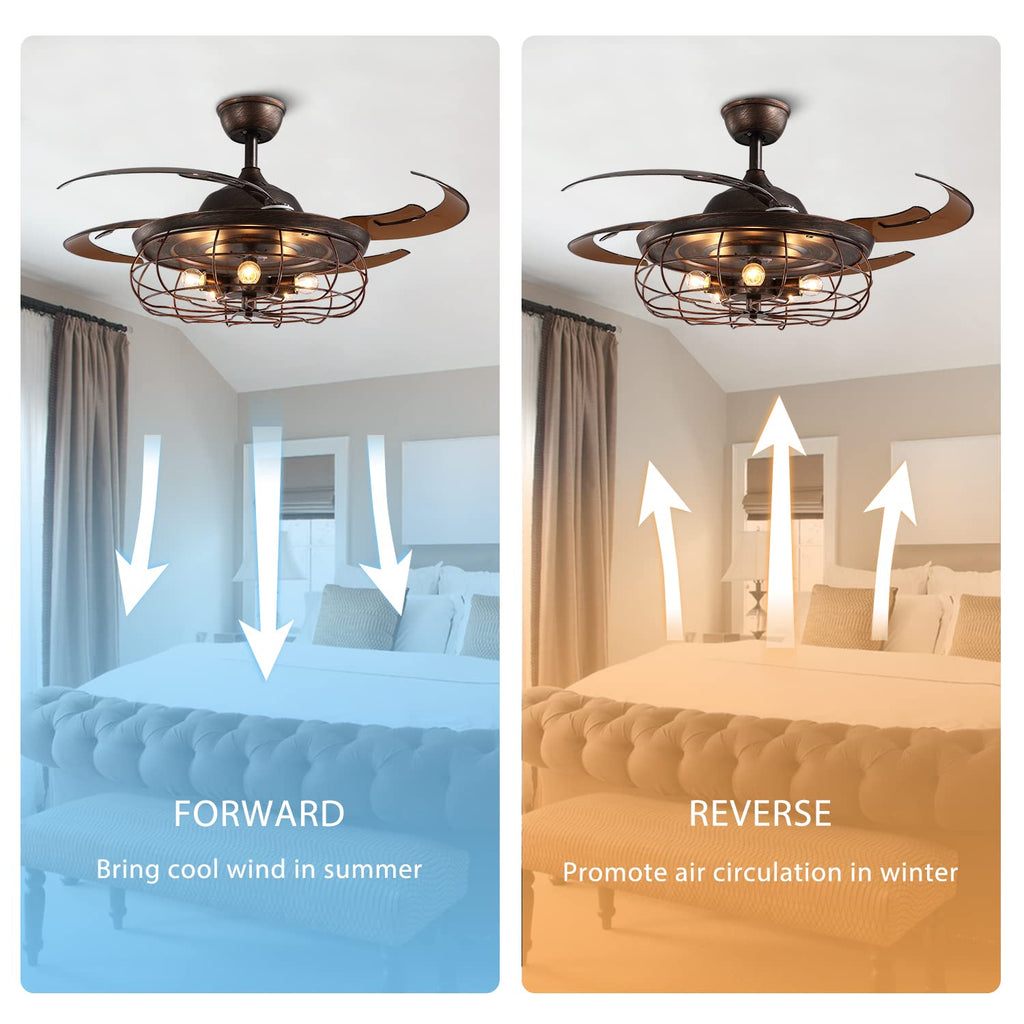 48 Inches Retractable Caged Ceiling Fan with Lights, Reverse Industrial Rusty Fandelier Fan Chandelier with Remote
