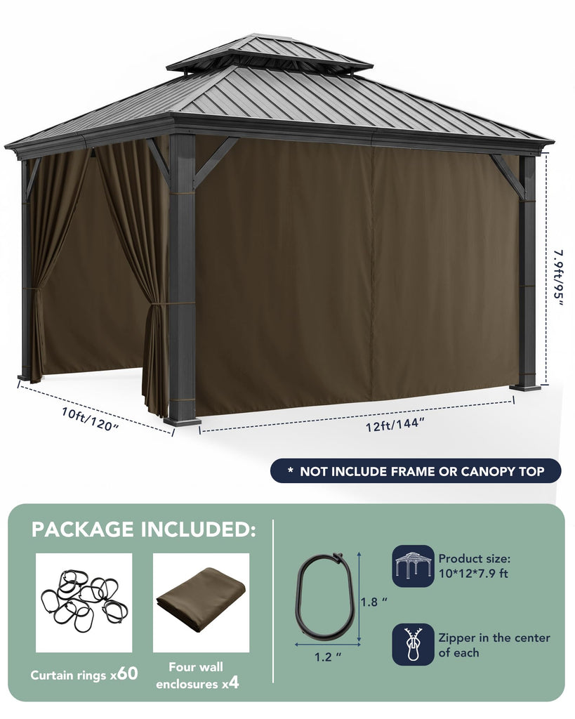 Gazebo Curtains Outdoor Waterproof with Zipper, 4-Panel, Brown