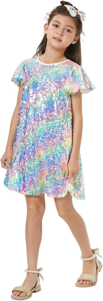 Sequin Dress Shiny Short Flutter Sleeve Midi Sparkly Party Dress with Hairbow