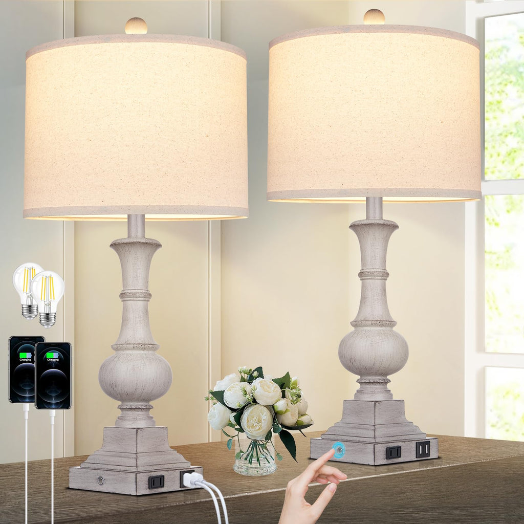 26" Farmhouse Table Lamps Set of 2, Rustic Touch Control Bedside Lamps with 2 USB Ports & AC Outlet, Vintage Resin