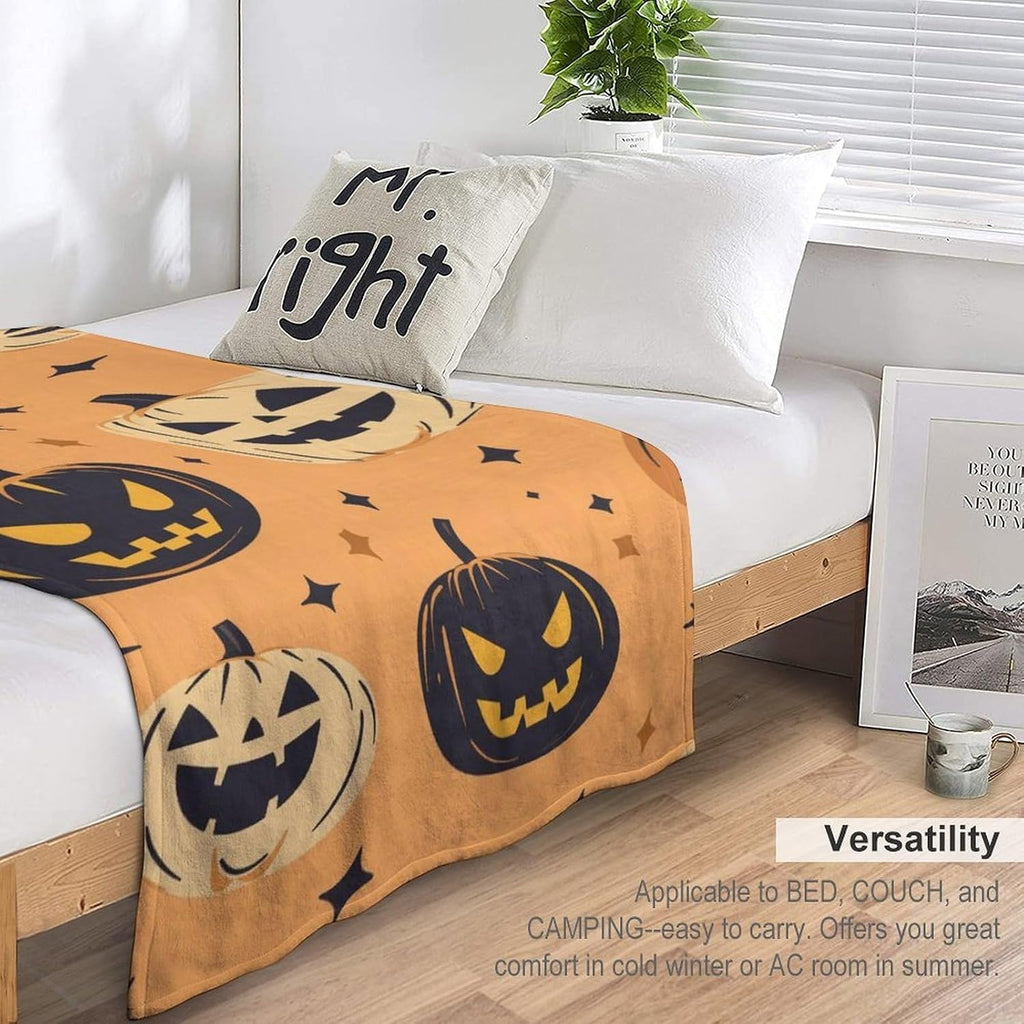 Farmhouse Checkered Pumpkin Vine Halloween Fleece Throw Blanket, Cozy Decor Blanket for Sofa Living Room Fall Holiday
