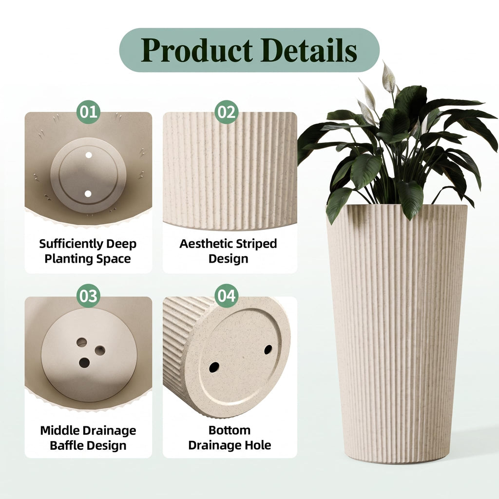 24" Tall Planters for Outdoor Plants with Insert, Set of 2 Cream