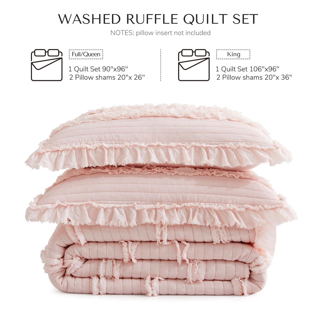 Ultra Soft Ruffle Fringed Quilt, Shabby Chic Rustic Pink Bedding Set, Stone Washed Boho Decorative Quilt