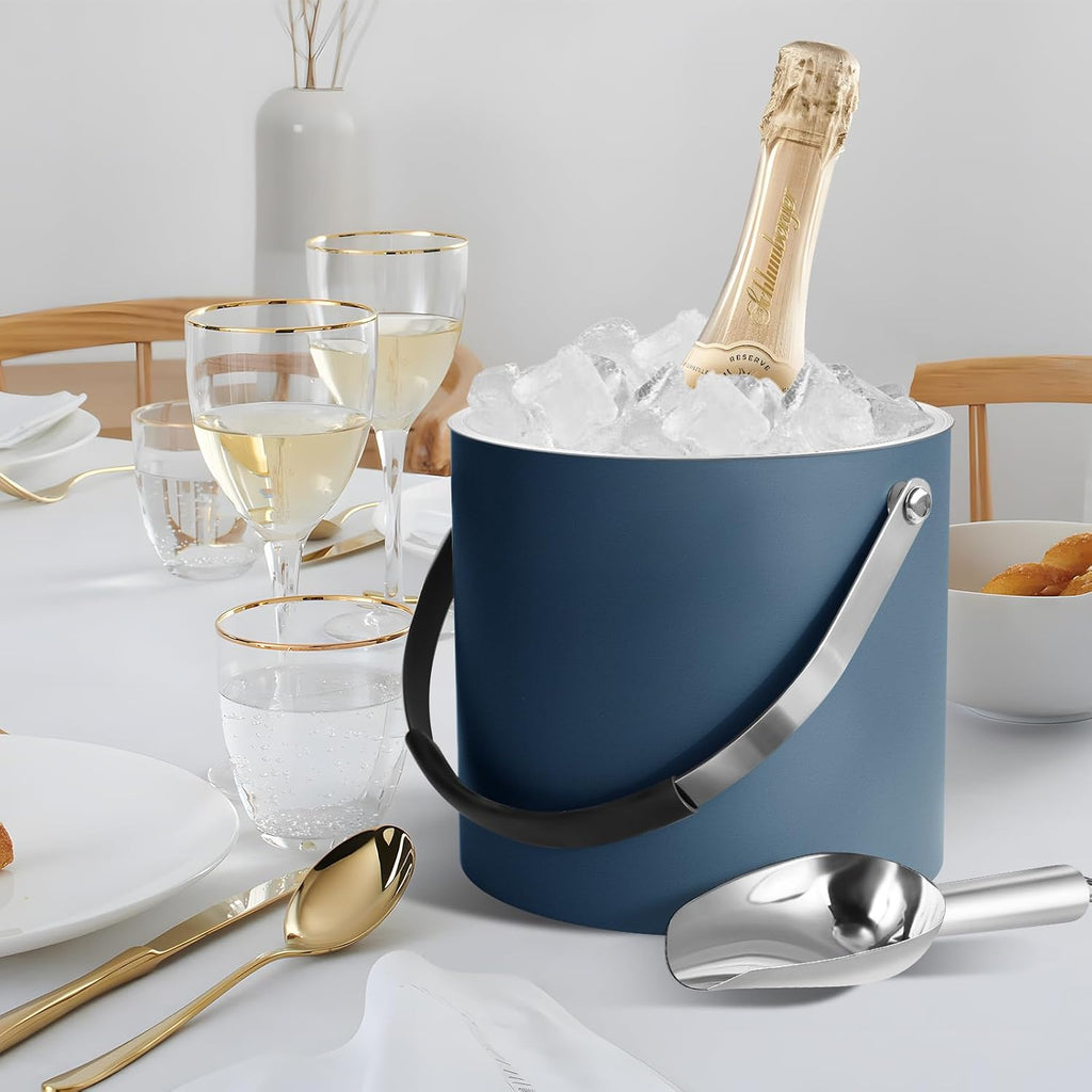 3L Ice Bucket with Silicone Lid, Scoop, Tongs & Strainer, Stainless Steel Double Wall Insulated Ice Buckets