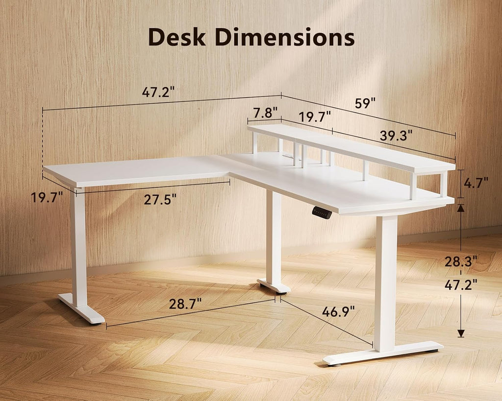 59 Inch L Shaped Electric Standing Desk, Single Monitor Stand, White | Reversible L Shaped Desk With 3 Memory
