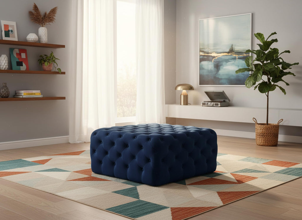 Ariel Collection Modern | Contemporary Navy Velvet Upholstered Ottoman/Bench with Deep Button Tufting, Solid Wood