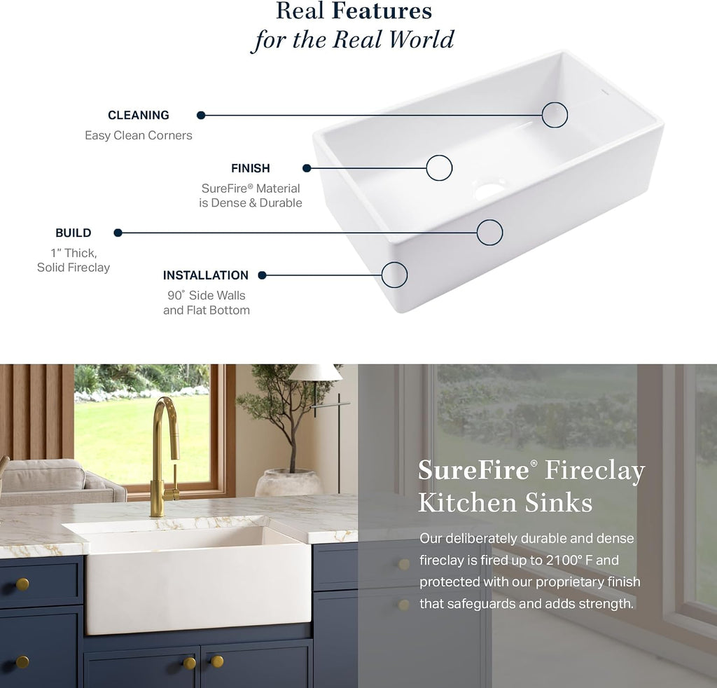 Austen 36 in White Fireclay Farmhouse Sink, Double Bowl | Apron front undermount, SureFire chip-resistant glaze