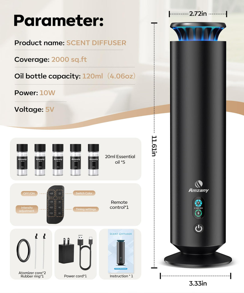 Waterless Scent Diffuser Kit, Scent Diffuser with 7 Lights and Breathing Lights Modes, Max Coverage 2000