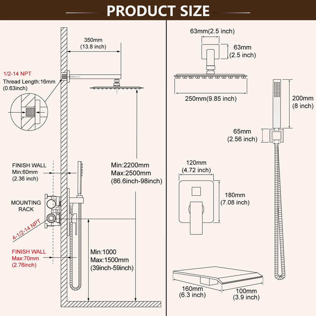 Rain Shower System with Tub Spout,10 Inch Brushed Gold