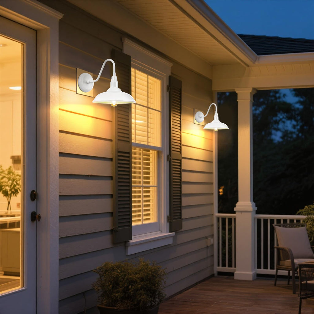 Outdoor Gooseneck Barn Light Fixture with Wall Mount, 10'' Diameter White Exterior Waterproof Wall Lantern for Porch