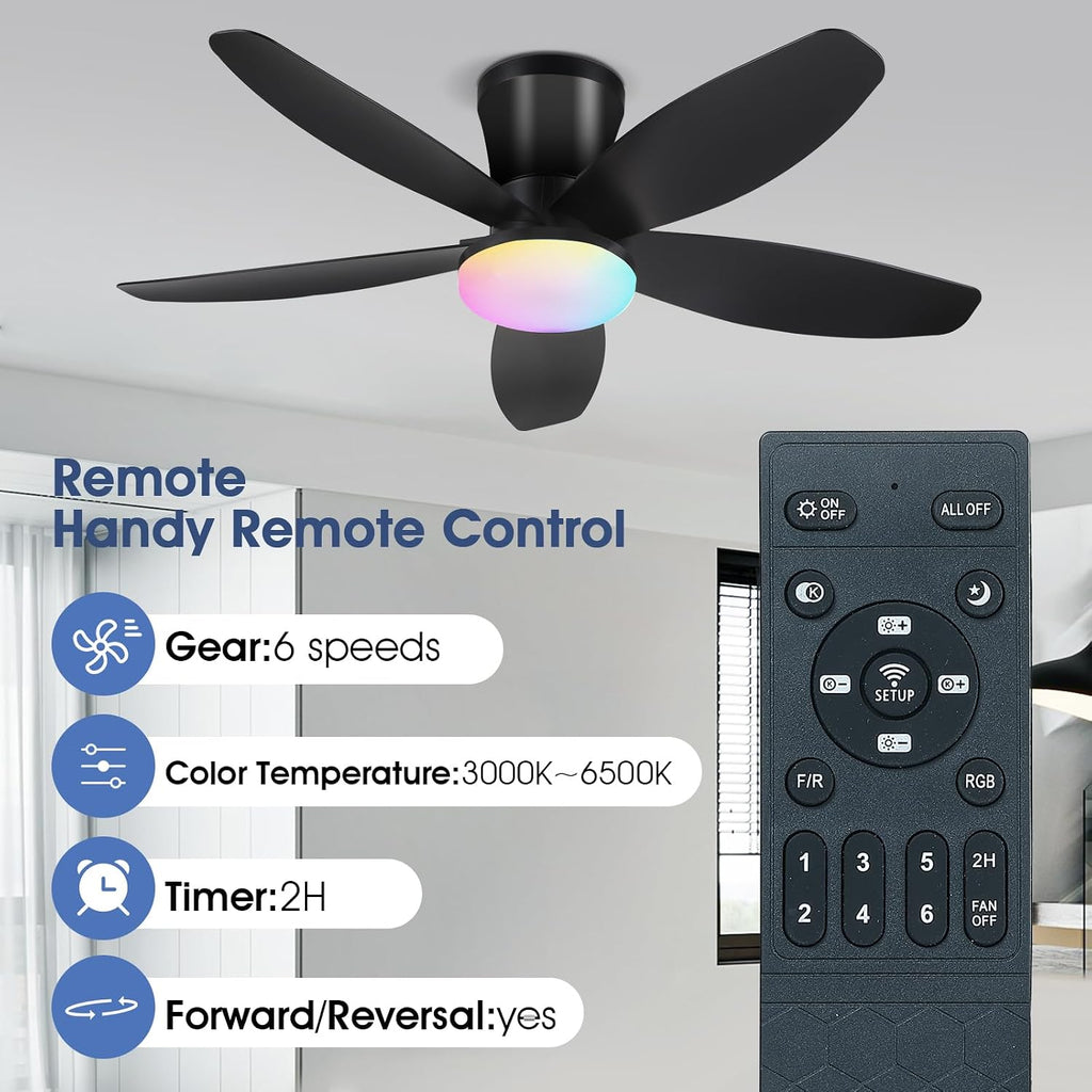 Flush Mount RGB Ceiling Fans with Lights-36 Low Profile Ceiling Fan with Light and Remote/APP Control,DC Reversible,LED Dimmable Black Ceiling Fans for Bedroom,Indoor/Outdoor Patio Use A101-B0F8HW8P6S