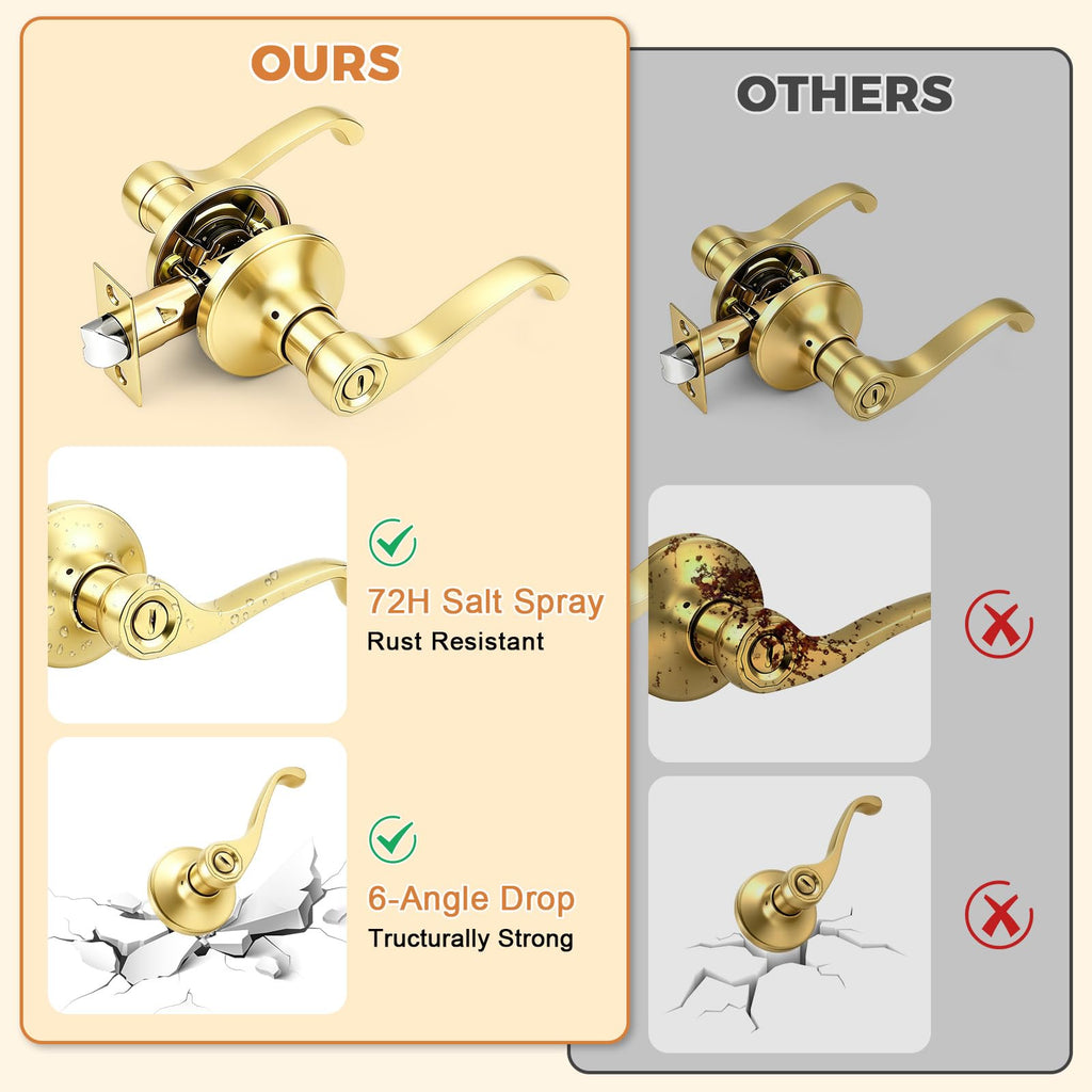 Scroll Privacy Door Lever, Gold Door Handle Interior, Reversible for Left/Right Handed Door, Polished Brass Door