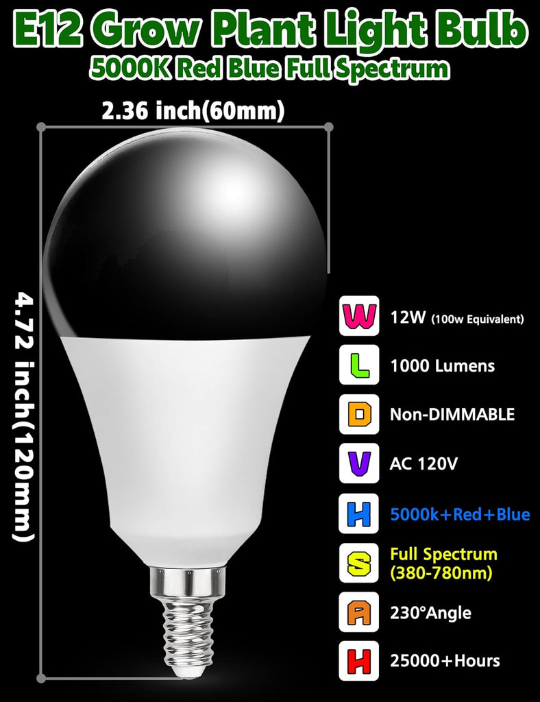 E12 Small Candelabra LED Grow Light Bulbs, Full Spectrum Plant Light Bulb