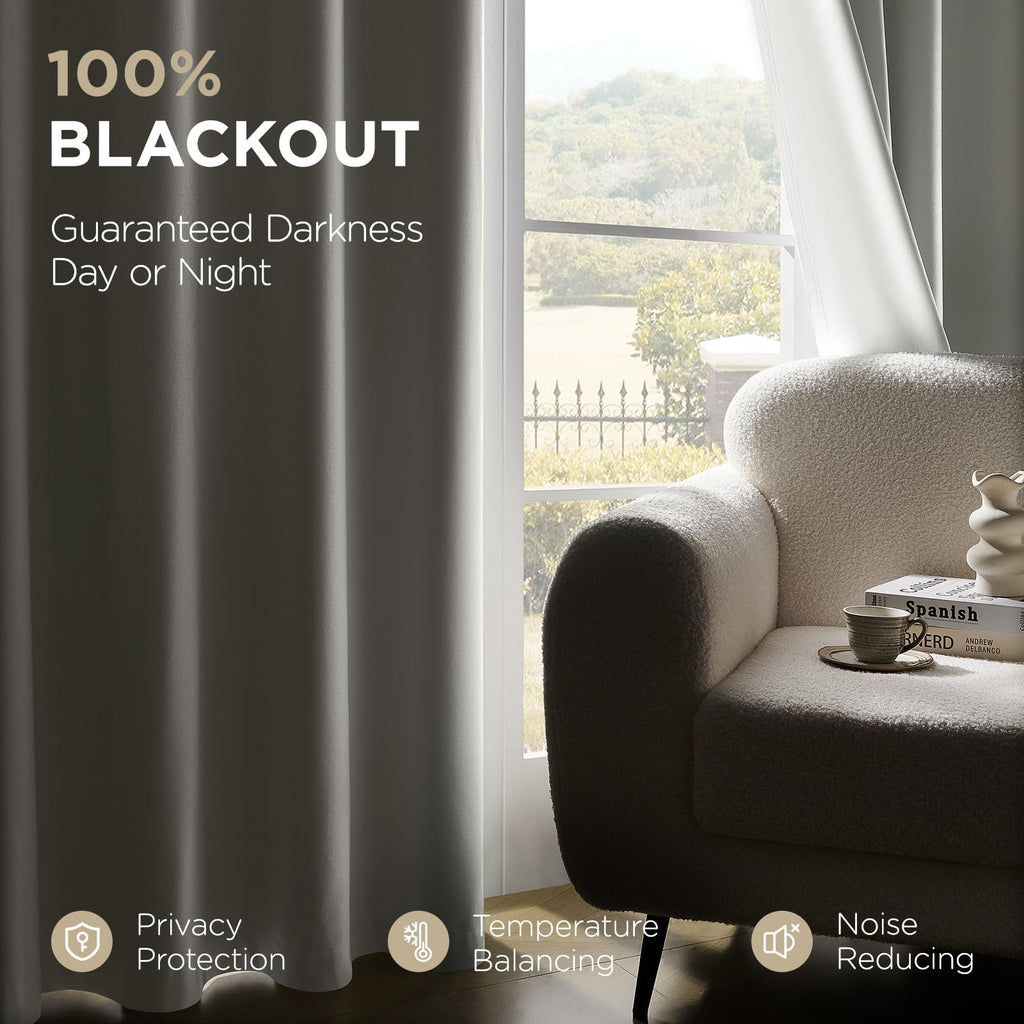 White Blackout Curtains 96 Inches Long - 100% Blackout Curtain 2 Panel Set, Rod Pocket & Back Tabs Thermal Insulated