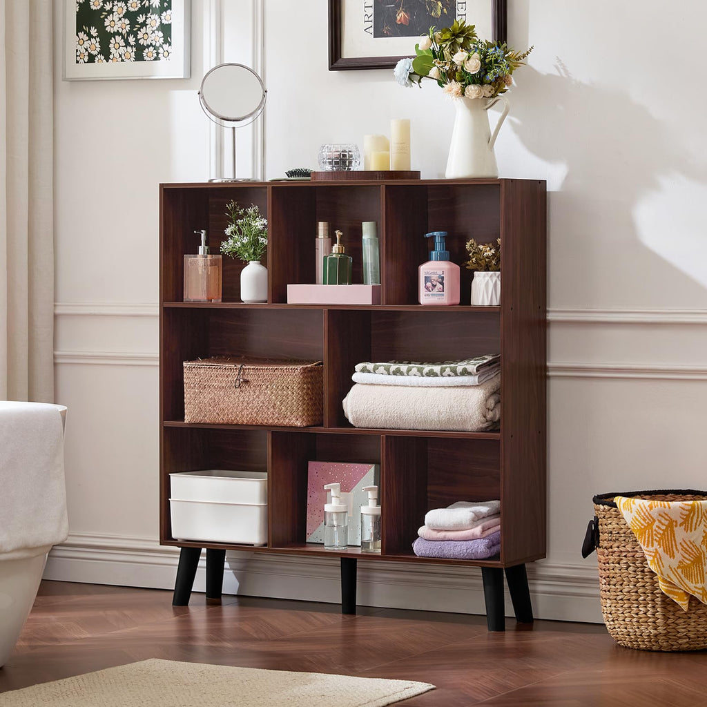 8 Cube Bookshelf, Mid-Century Modern Book Shelf with Legs, Walnut