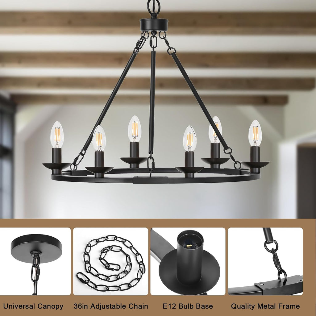 Black Farmhouse Chandelier, 6-Light Wagon Wheel Chandelier with Adjustable Height, Dining Room Light Fixture