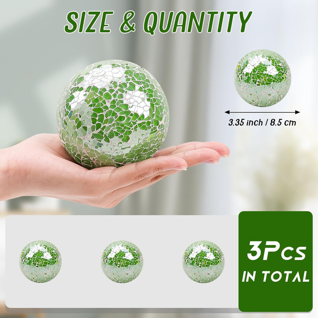 Mosaic Glass Ball Green Decorative Balls for Bowls 3.35inch - Set of 3