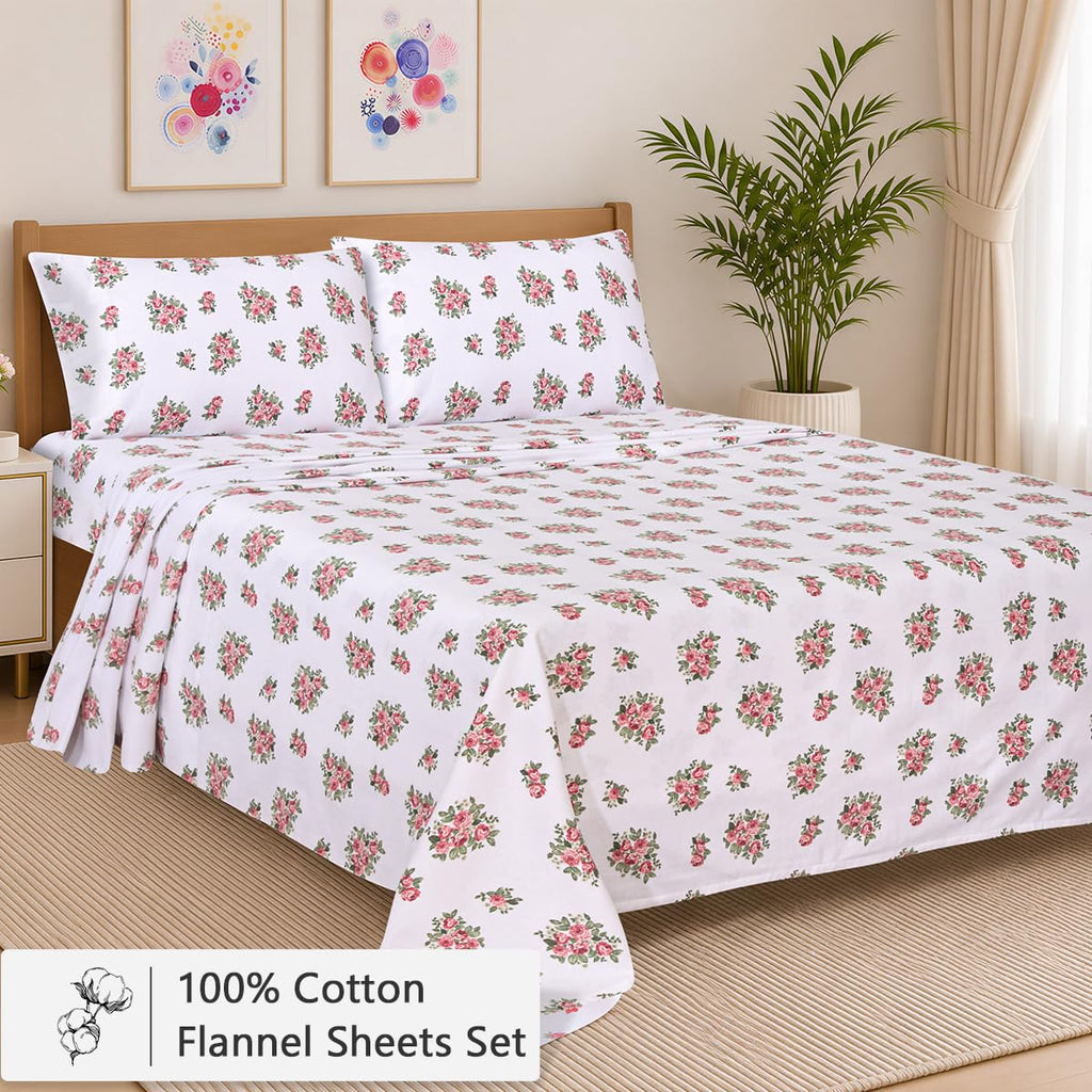 100% Cotton Flannel Sheets Cal King Size, 4 PCs Bed Sheet Set, Bali