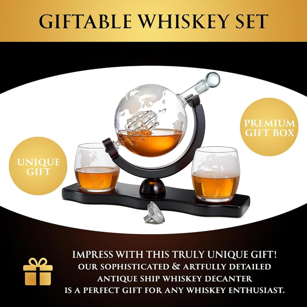 Gifts for Men Dad, Whiskey Decanter Globe Set with Ball & Glasses, Anniversary Birthday Gifts for Him Husband - Set of 2