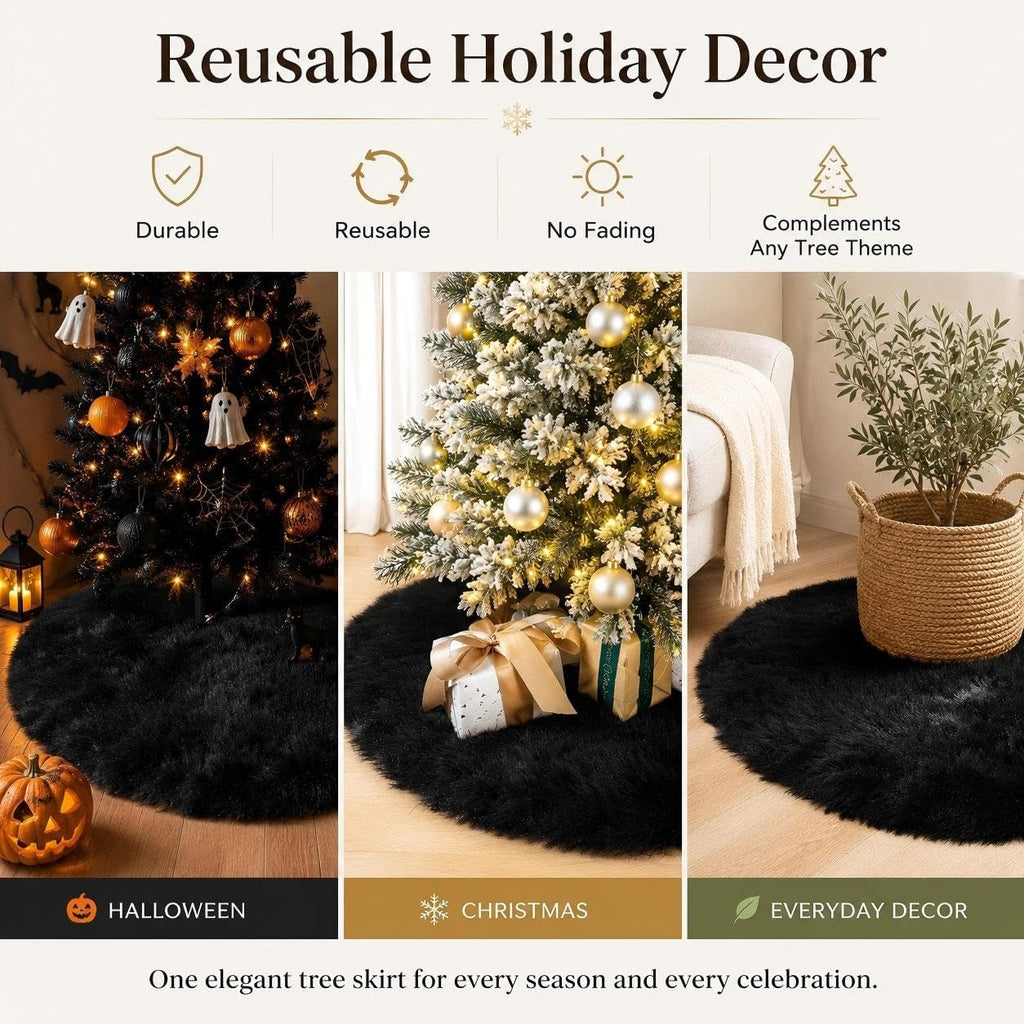 28 Inch Black Faux Fur Christmas Tree Skirt for Halloween Decorations