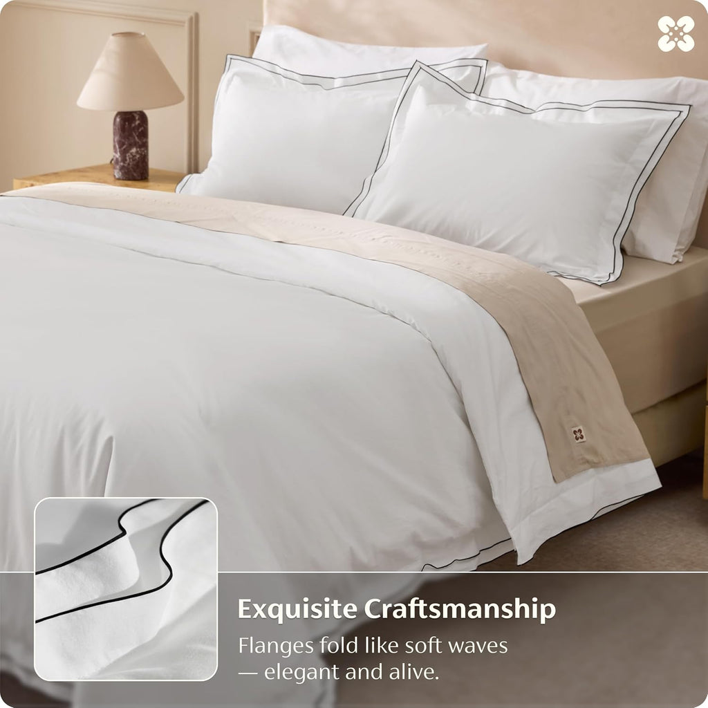 100% Cotton Percale Duvet Cover King, Breathable for Hot Sleepers | Hotel-Style Leaf Edge White Comforter Cover