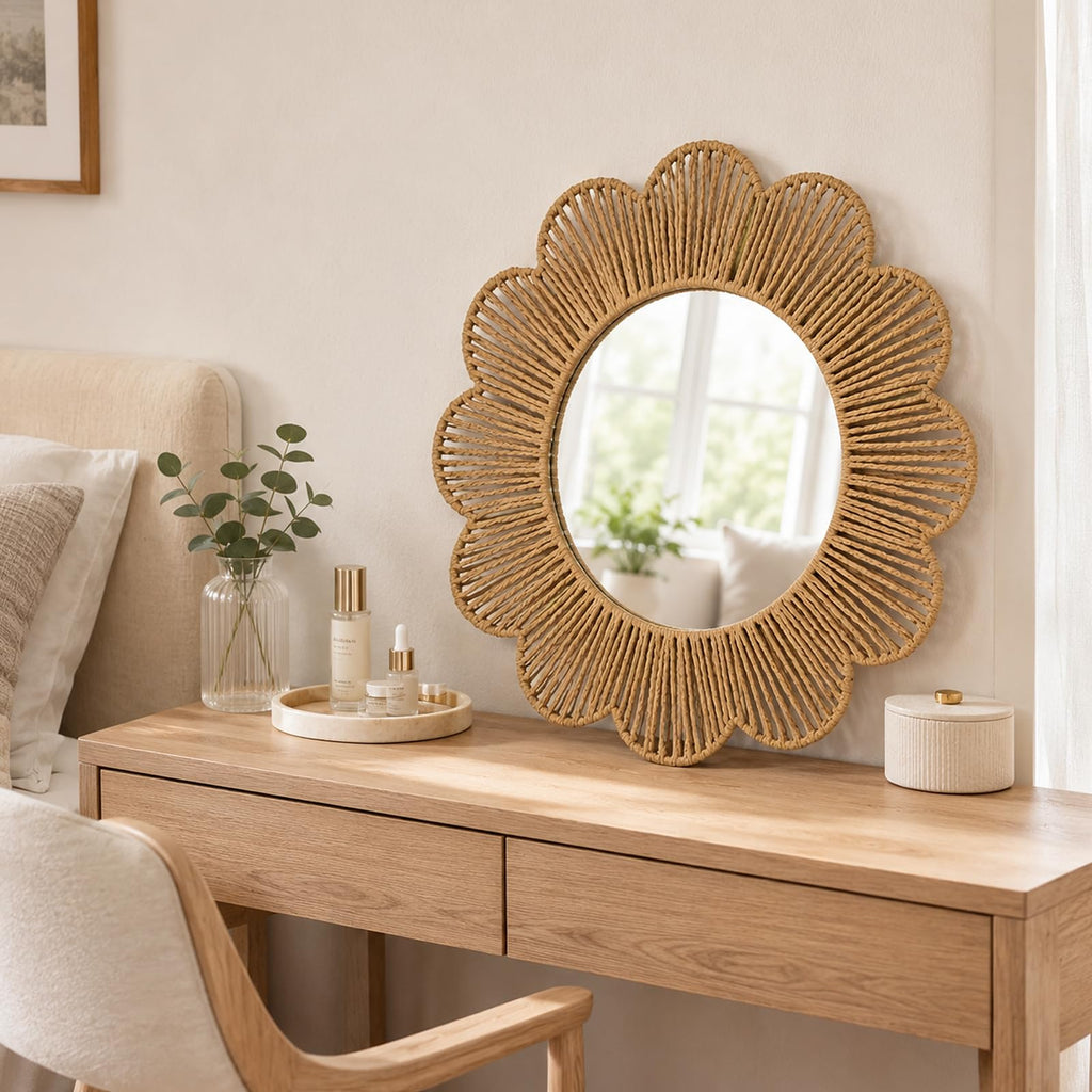 Handwoven Rattan Flower Mirror, Scalloped Boho Wall Decor, 18 Inch