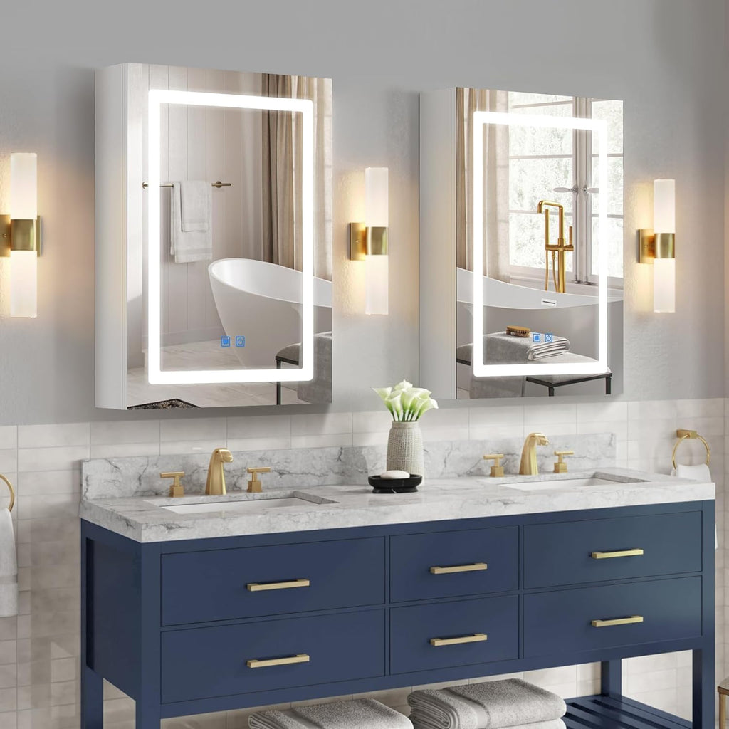 Lighted Medicine Cabinet with Mirror, 20" x 28" LED Medicine Cabinet with Lights, Wall Mounted with Storage Shelves