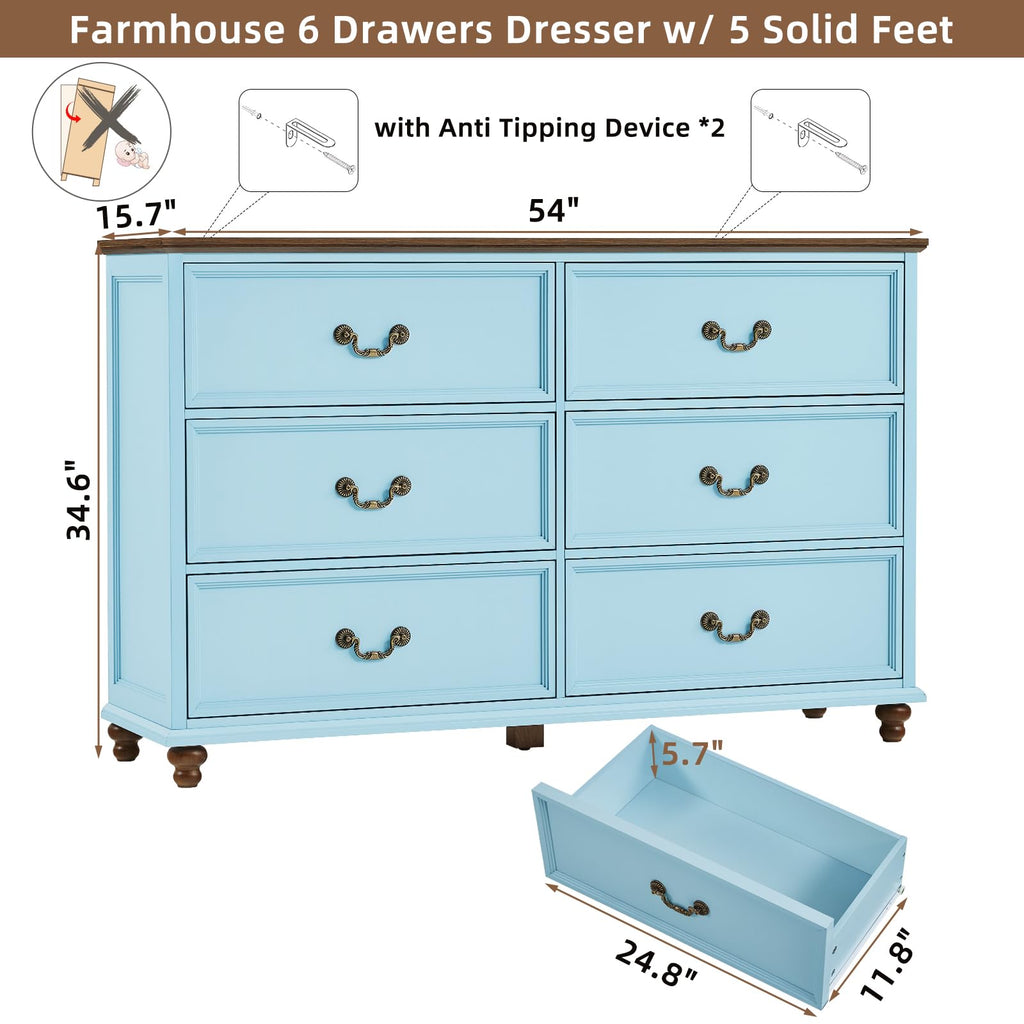 Farmhouse 6 Drawers, Vintage 54" Wide Chest of Drawers w/ 4 Wooden Legs, Rustic Large Closet Storage Dressers
