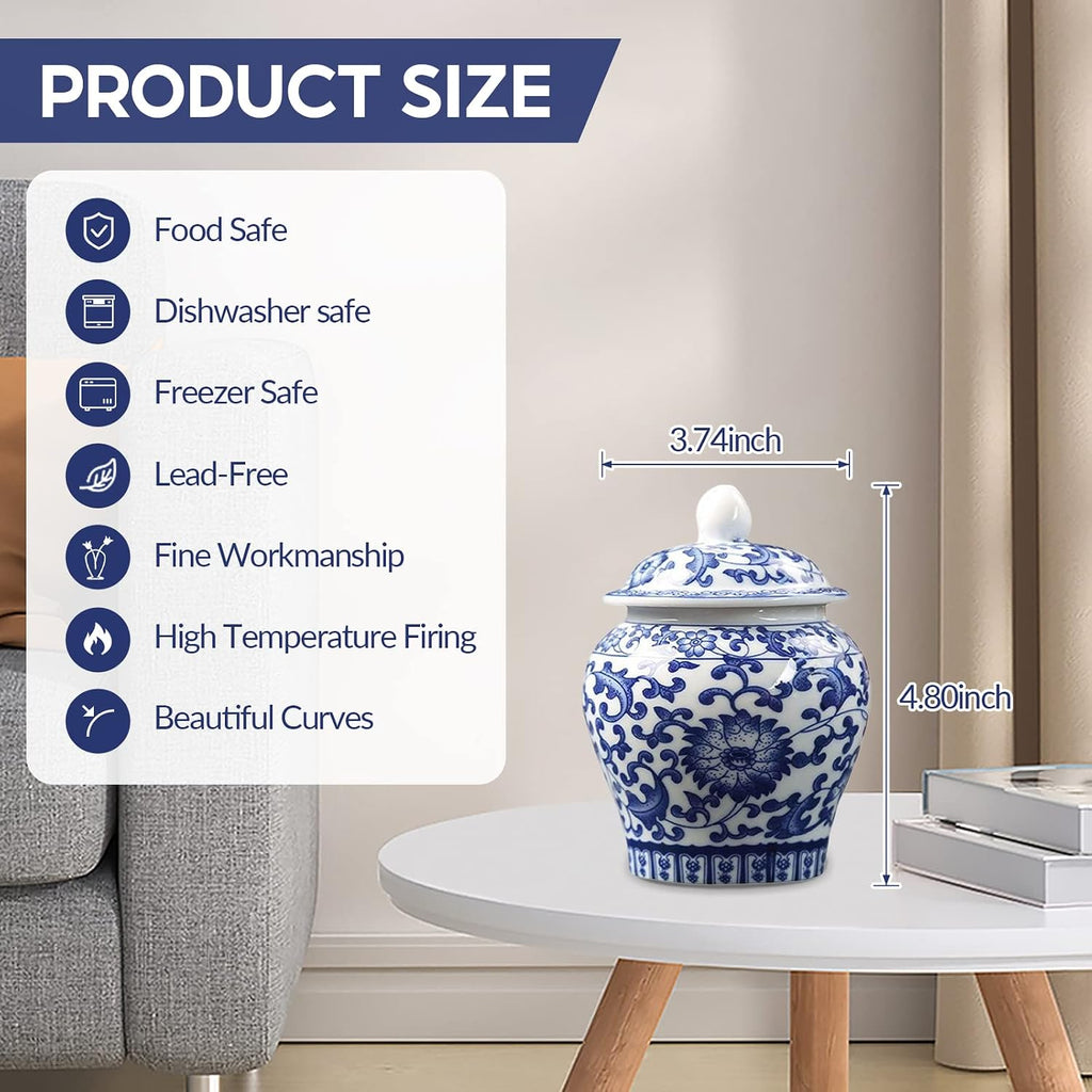 Chinese Style Blue White Porcelain Decorative Ginger Jar Tea Storage Jar with Lid Floral Arrangement with Fine Glaze