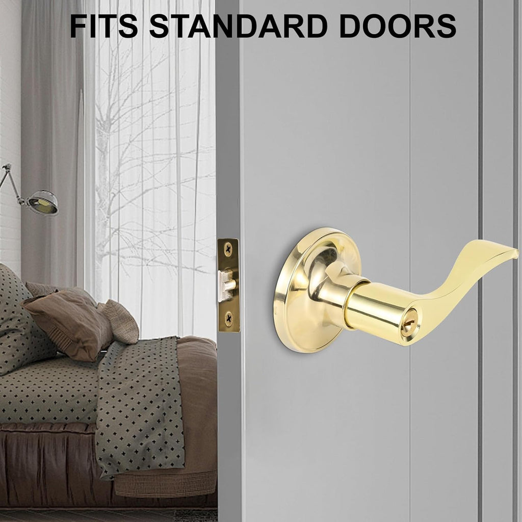 2 Pack Door Lever with Lock and Key, Gold Door Handle