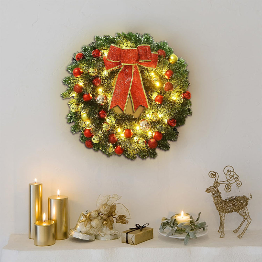16 Inch Pre-Lit Christmas Wreath with Metal Hanger, Large Red Bow and Colored Balls, Battery Operated with Warm White
