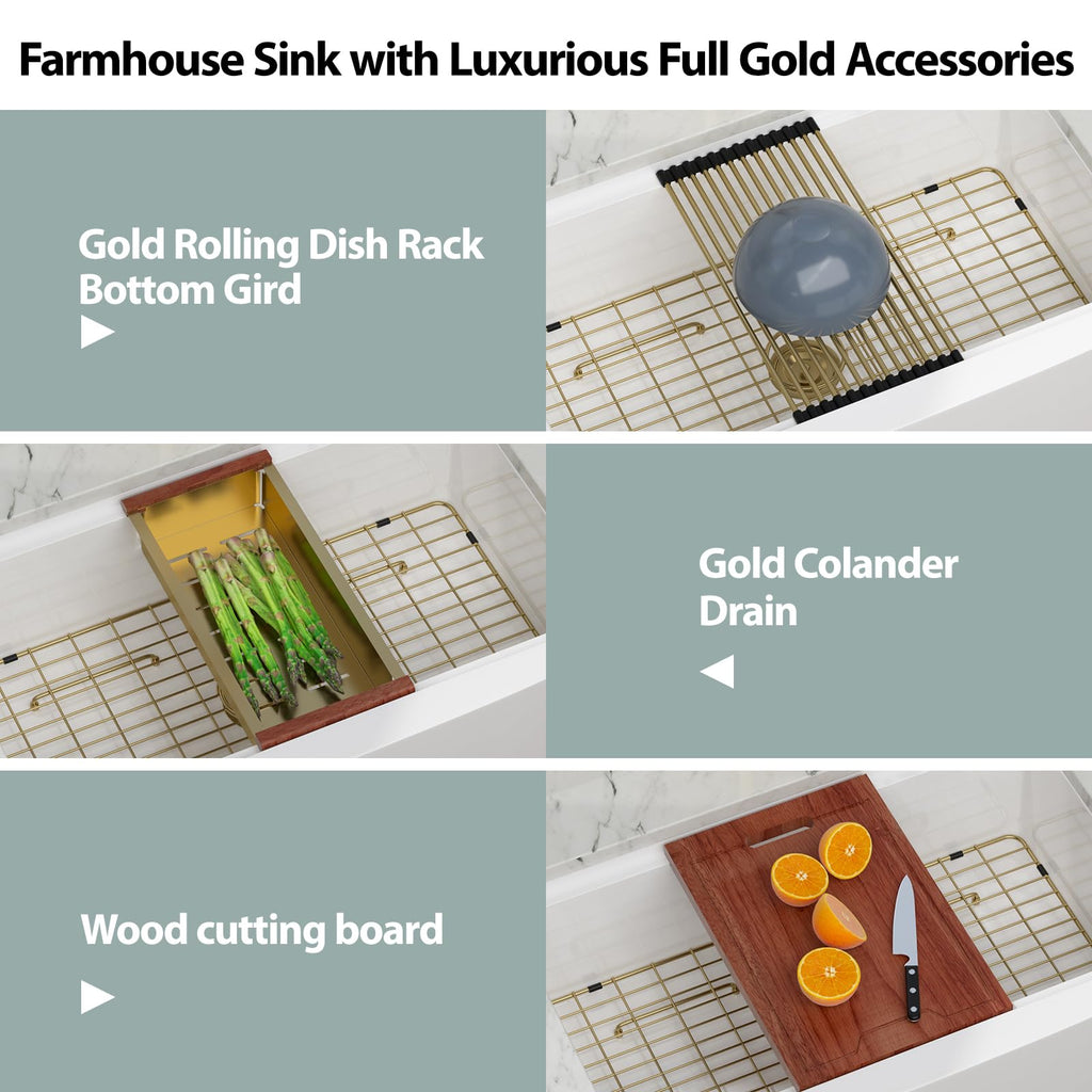 33 Inch White Farmhouse Sink Workstation Curved Apron Front Farm Sink with Slide Ledge Ceramic Porcelain Single Bowl