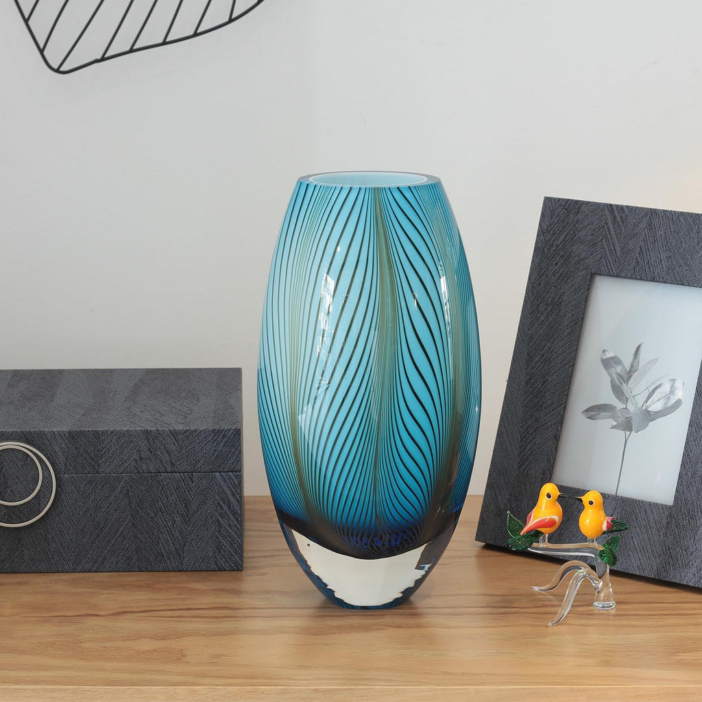 Murano Style Glass Vase Hand Blown Blue Feather Pattern Effect Home Decor | Hand Blown Glass Vase, Decorative Table