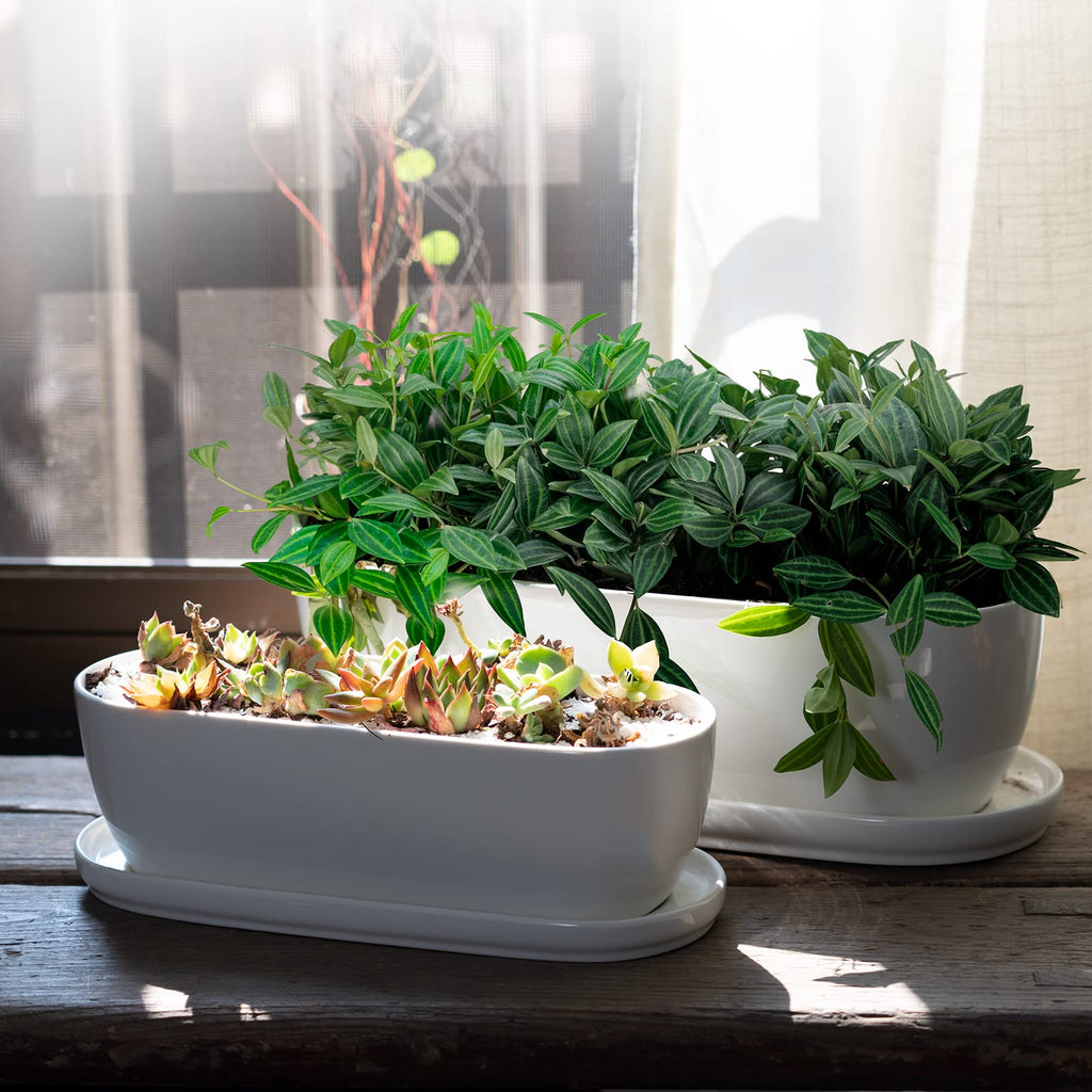 11+14 inch Ceramic Plant Pots with Drainage Holes Saucers, Set of 2