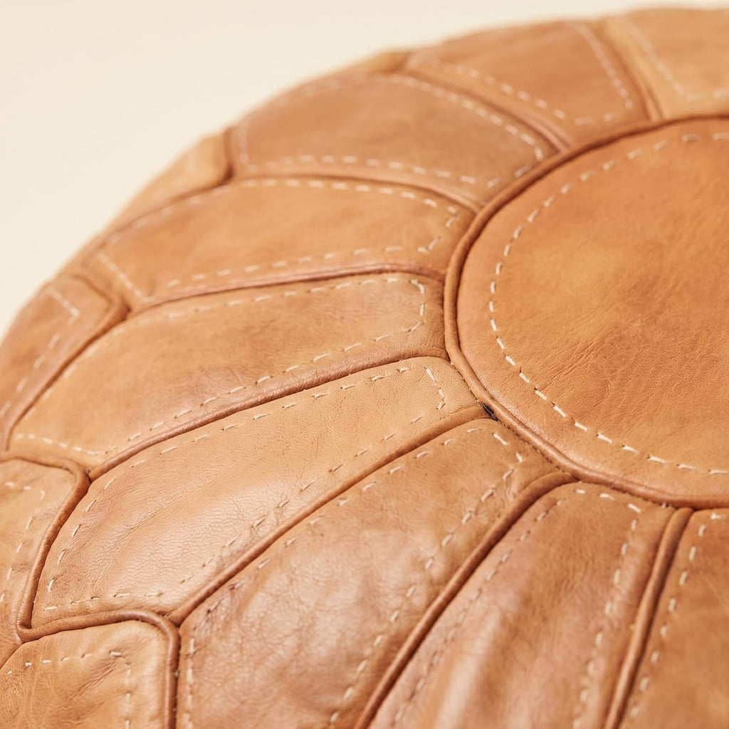 Leather Pouf Ottoman - Round Genuine Leather Footstool, Hand-Stitched Unstuffed Pouf Cover (Cognac Brown)
