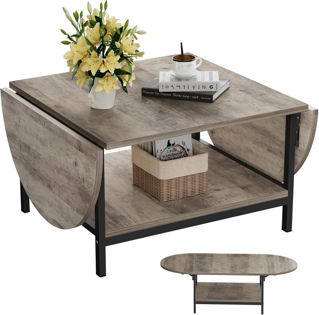 Folding Coffee Tables 2-Tier Extended Coffee Table with Storage Vintage Farmhouse Center Table for Large or Small
