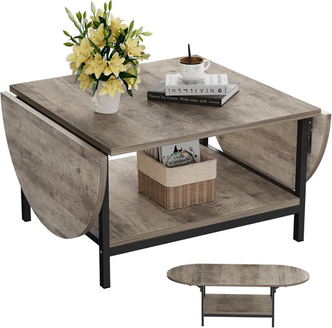 Folding Coffee Tables 2-Tier Extended Coffee Table with Storage Vintage Farmhouse Center Table for Large or Small