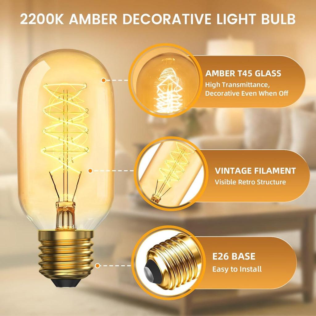 E26 T45 Vintage Edison Light Bulbs 41W 2200K Warm Amber Bulbs