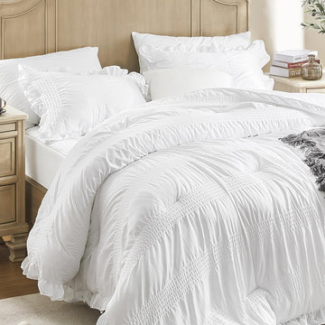 Comforter Set Seersucker, 7 Pieces White Ruffle Bed in a Bag