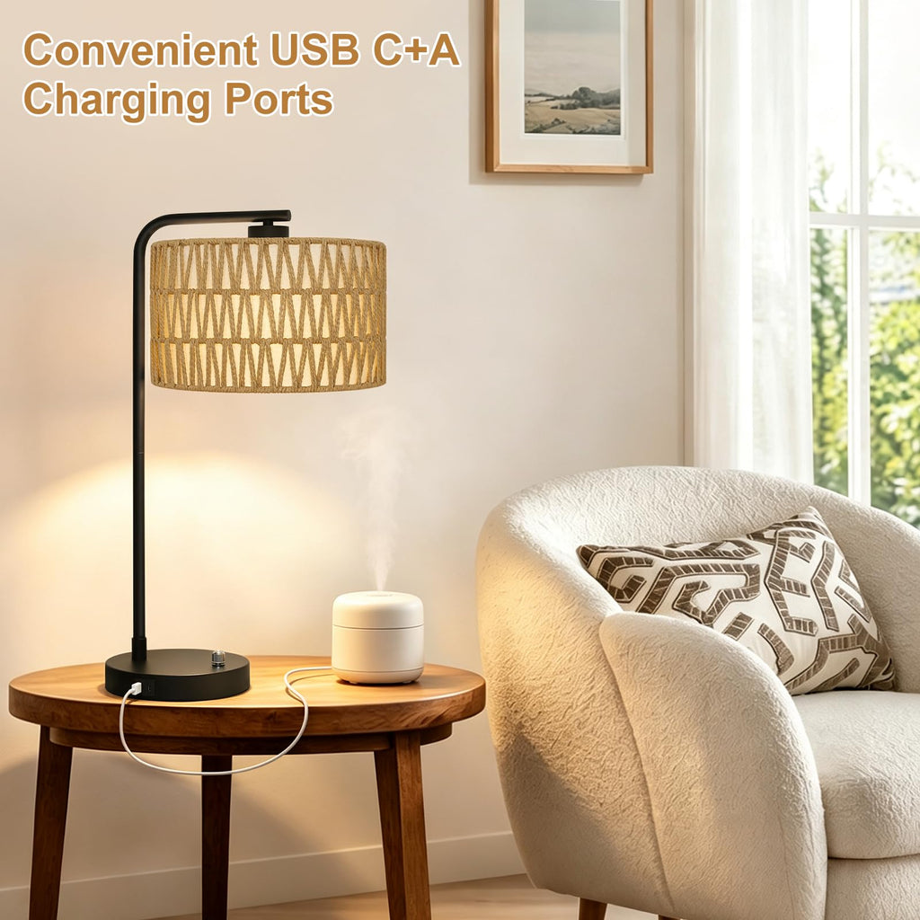 Boho Rattan Table Lamp, Fully Dimmable Tall Bedside Lamp with USB C+A Ports