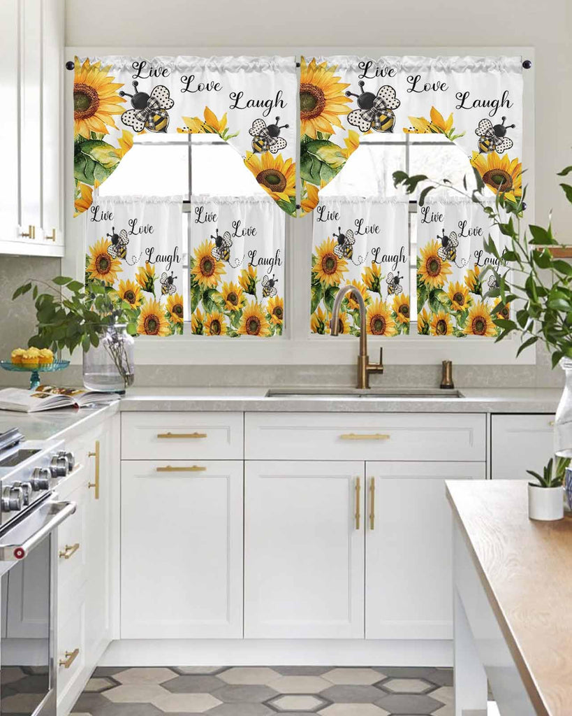 Sunflower Bee Swag Kitchen Curtains Valance and Tier Set 24 Inch Length, Vintage Yellow Floral Farmhouse Watercolor