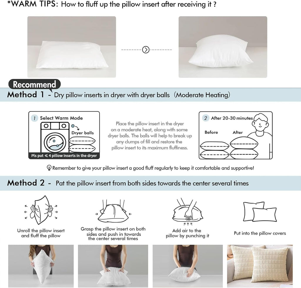 20x20 Pillow Inserts Set 2 100% Virgin Microfiber with Cotton Cover - Set of 2