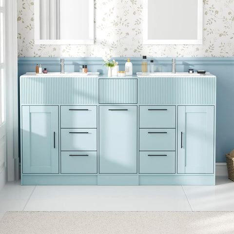 60 Inch Bathroom Vanity with Double-Sink, Freestanding Modern Bathroom Vanity Cabinet with Ceramic Basin