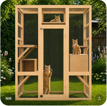 70" Large Catio Outdoor Cat Enclosure, Wooden Patio Cat House, Natural