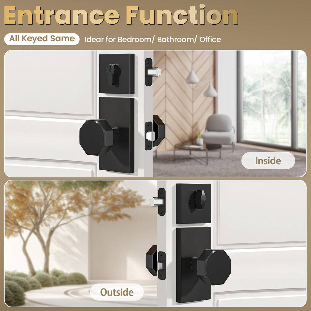 Matte Black Door Knobs with Deadbolt Set, Black Front Door Lock Set