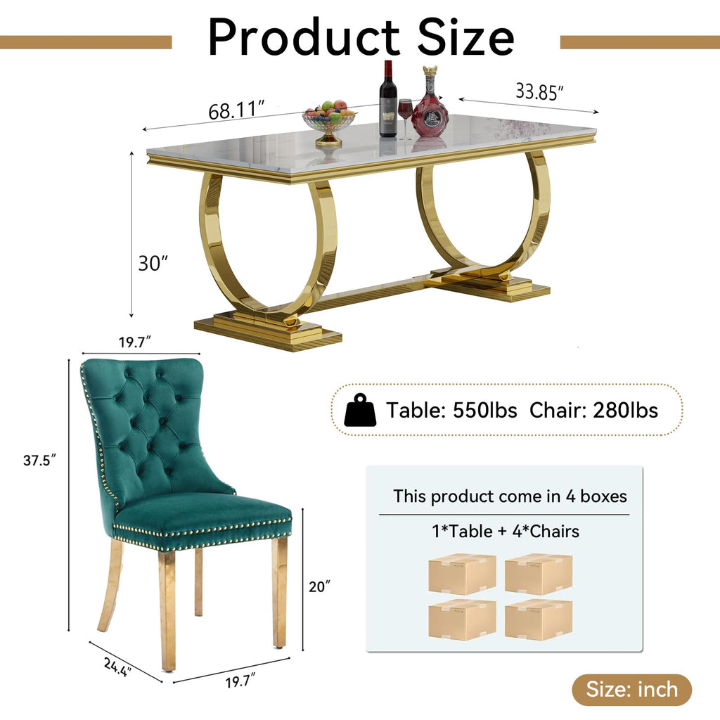 5 Piece Marble Dining Table Set, Modern Gold Kitchen Dining Room Table Set for 4, Luxury 68" White Marble Dining