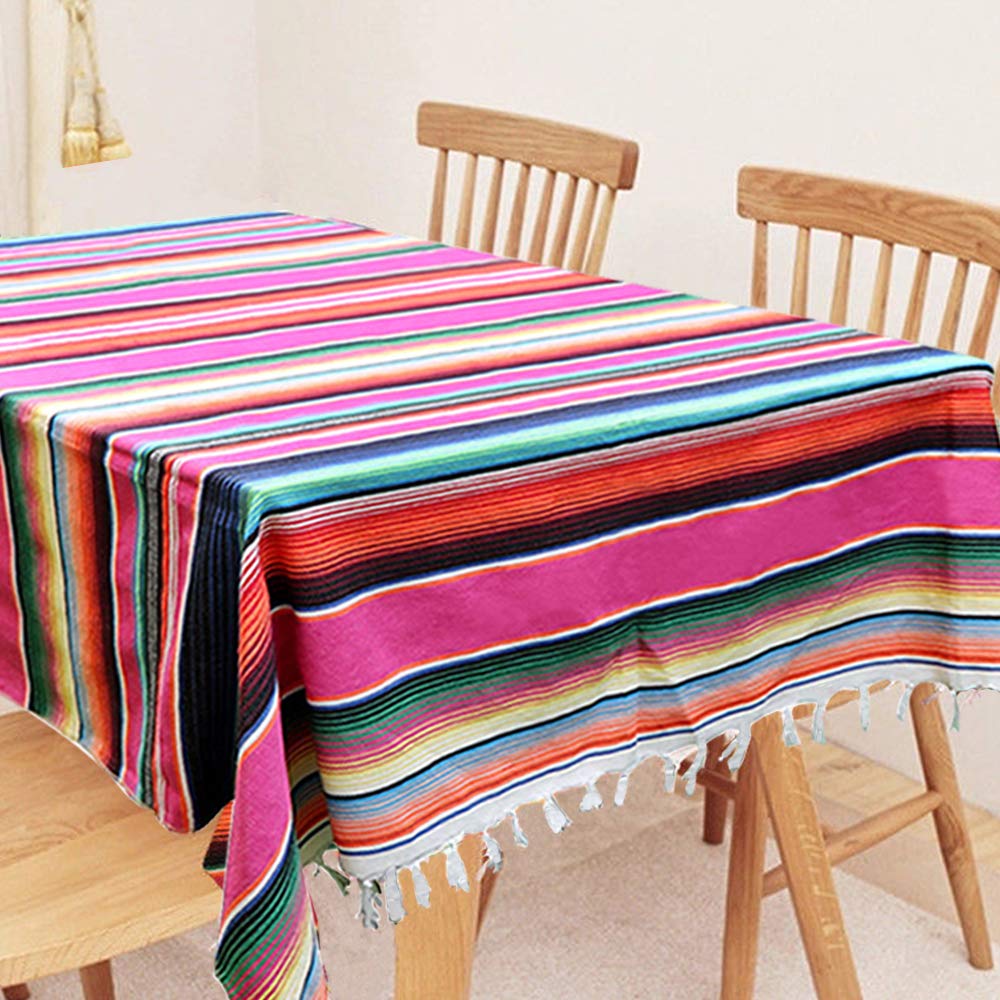 59 x 84 Inch Mexican Blanket Striped Tablecloth Large Square Fringe Cotton Mexican Serape Tablecloth for Mexican