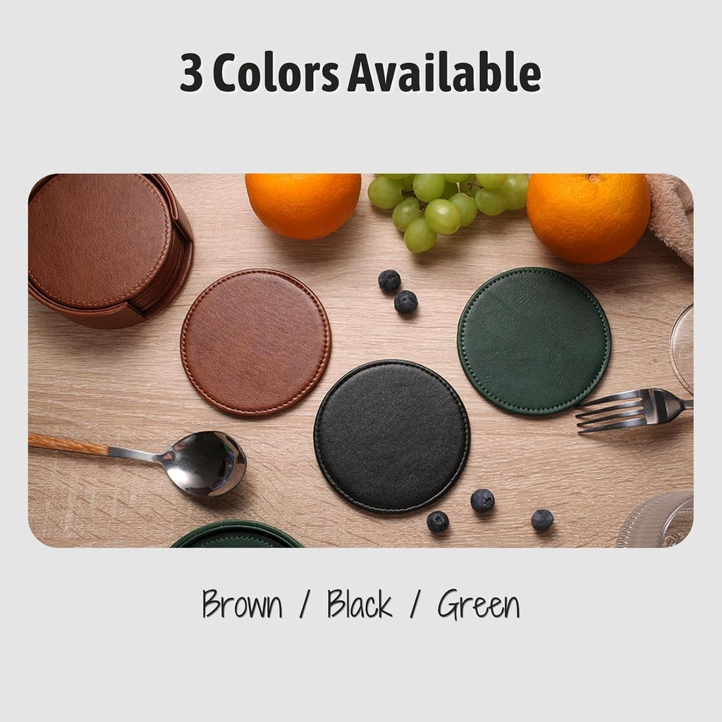 Drink Coasters with Holder, 4" Leather Coasters for Drinks for Tabletop Protection, Elegant Home Decor & - Set of 6