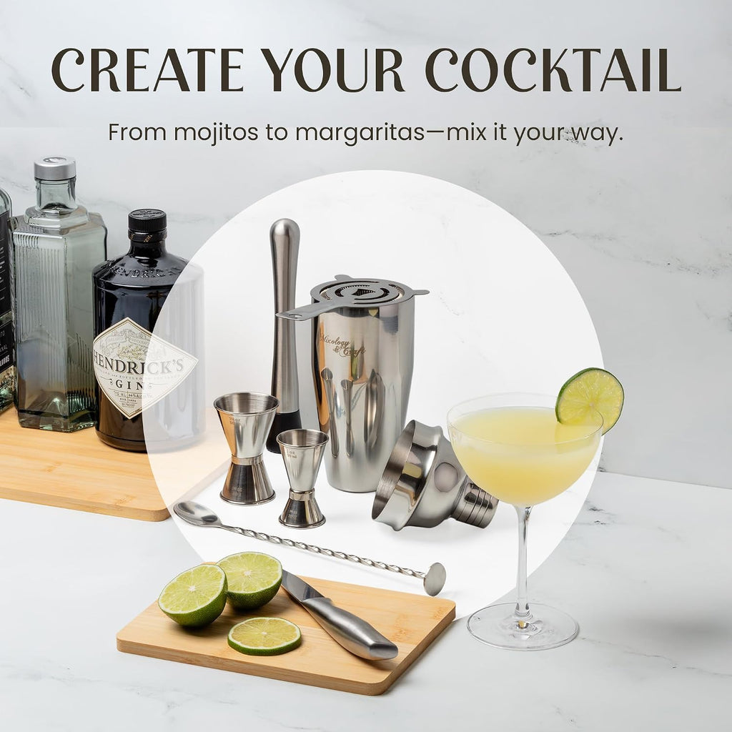 Rustic Cocktail Shaker Set - Includes Wood Stand, Complete Barware Kit with 24 Oz Shaker, Dual Jiggers, Pourers - Set of 11